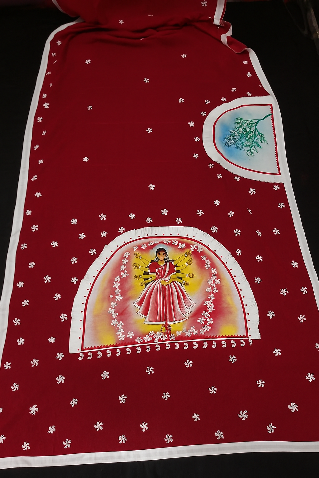 Hand-Painted Maroon Cotton Saree with Divine Durga & Floral Motifs