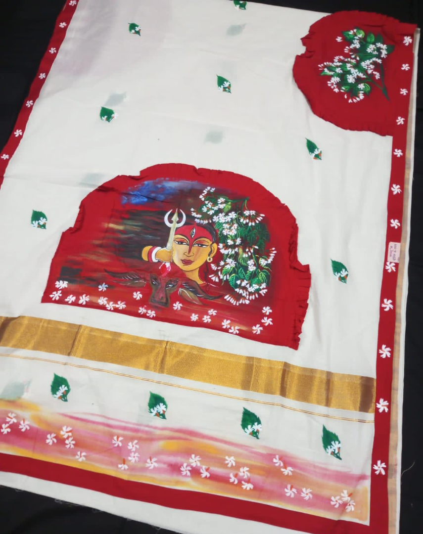 Divine Durga Hand-Painted Saree