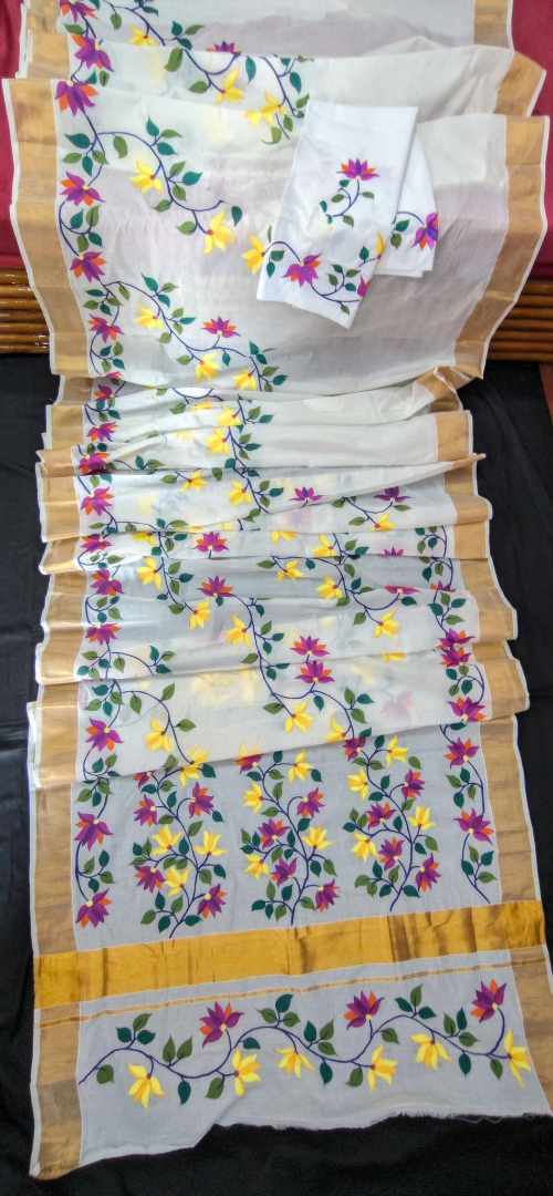 Elegant White Cotton Saree with Multicolor Hand-Painted Floral Vines & Golden Border
