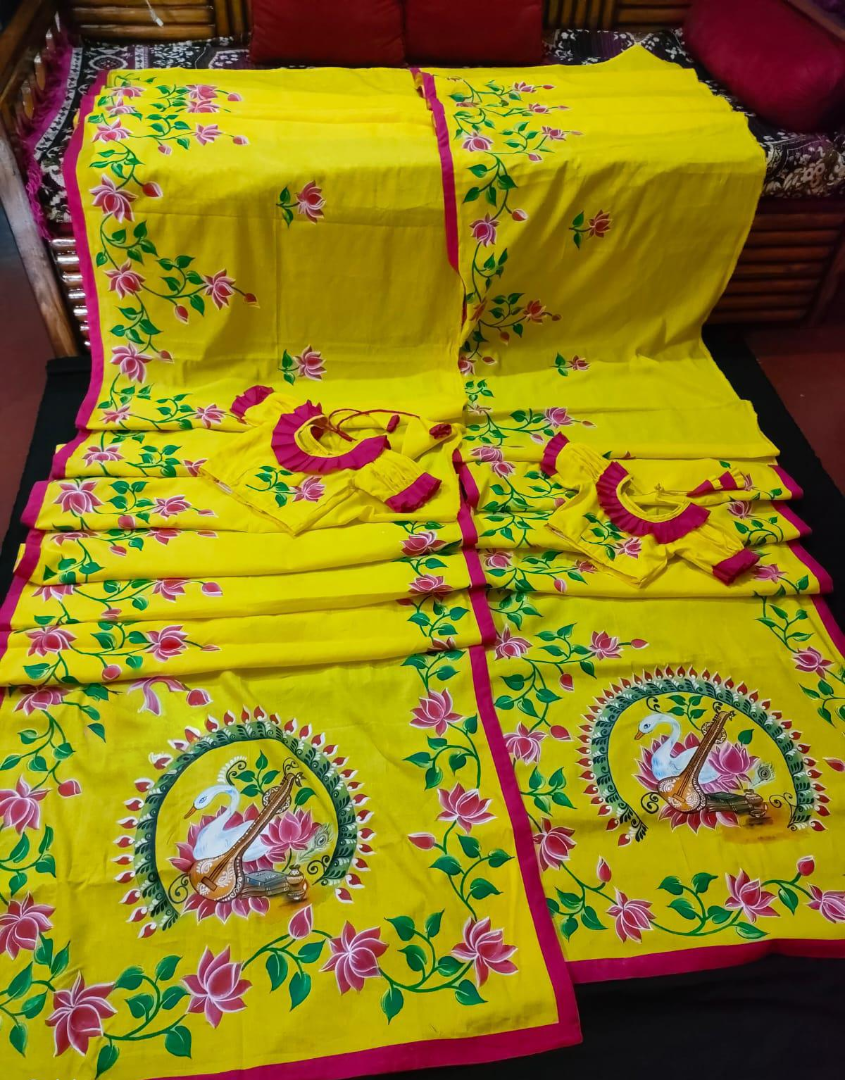 Hand-Painted Yellow Cotton Saree with Goddess Saraswati Motif | Vibrant Bengal Folk Art