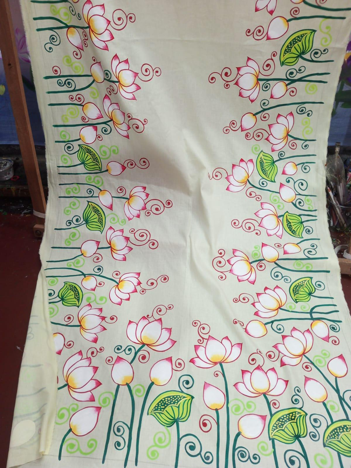 Hand-Painted Lotus Motif Cotton Saree - Cream Base | Elegant Bengal Artistry