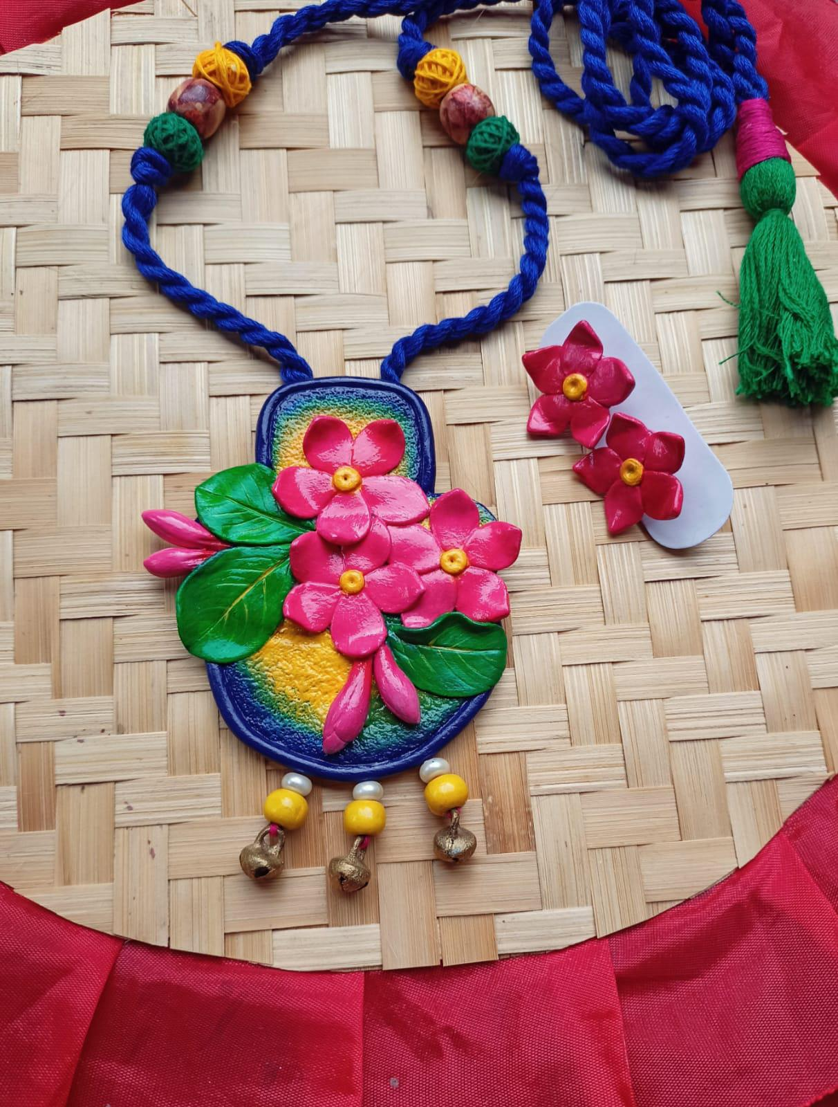 Vibrant Floral Handmade Terracotta Necklace Set with Earrings