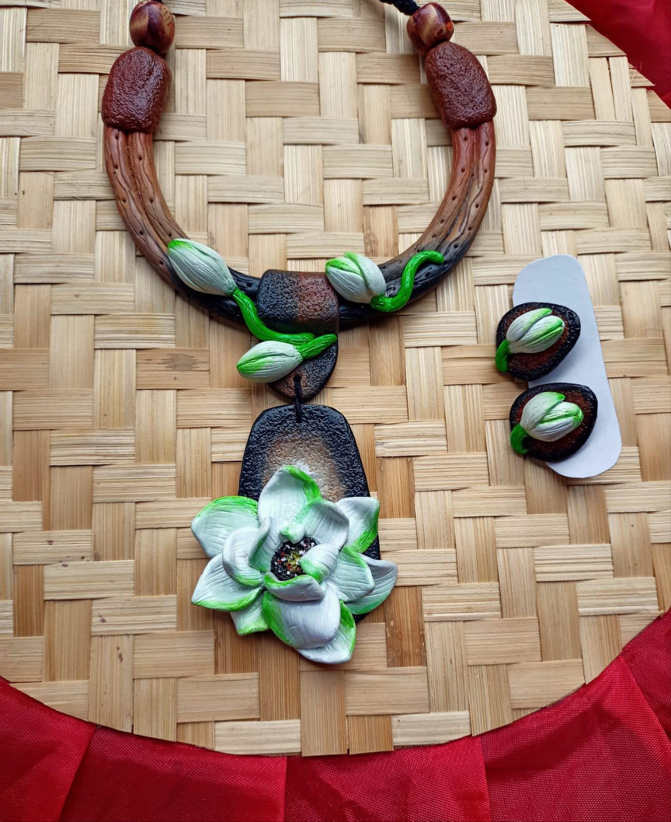 Handcrafted Floral Clay Necklace & Earrings Set