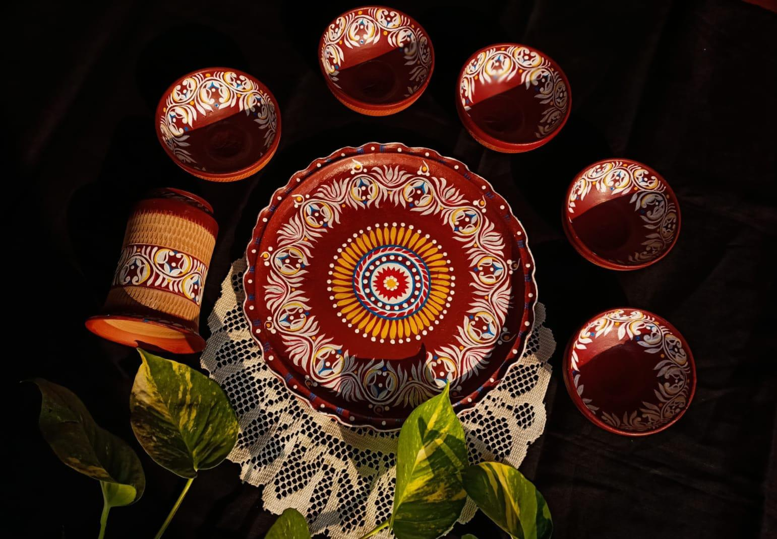 Handcrafted Madhubani Art Clay Dinner Set