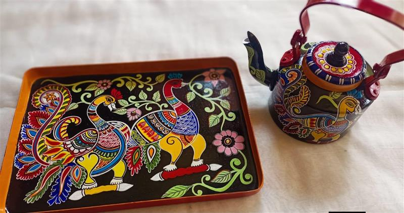 Hand-Painted Madhubani Tea Kettle & Tray Set
